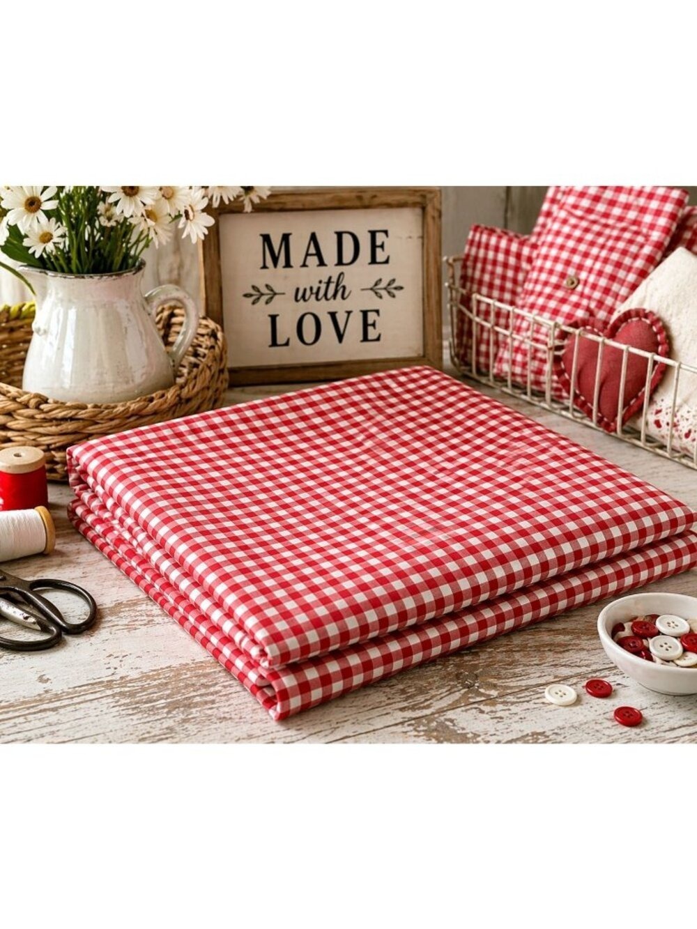 Red White Gingham Fabric 2 Yard Cotton Checkered Fabric Vintage Sewing Quilting - Picture 7 of 7